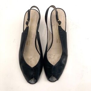 Vtg Bruno Magli Slingback Pumps Peep Toe Black Leather Italy Womens 8.5 B